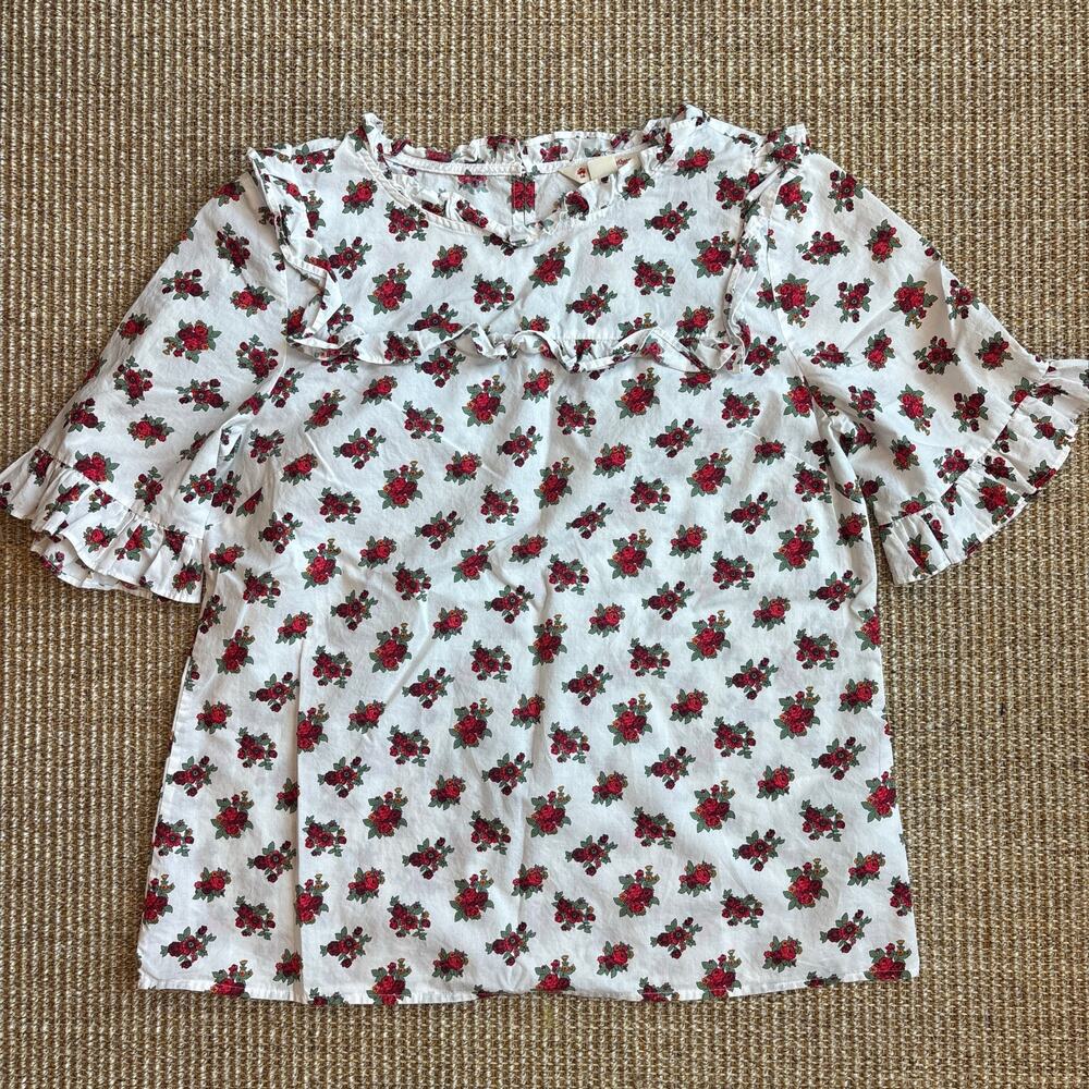 🌹 Brooks Brothers Red Fleece Floral Ruffle Top | Size Small | White